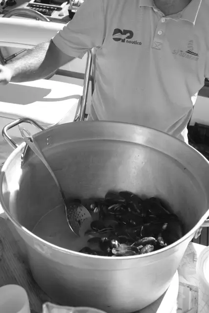 A big pot of mussels being cooked on the boat.