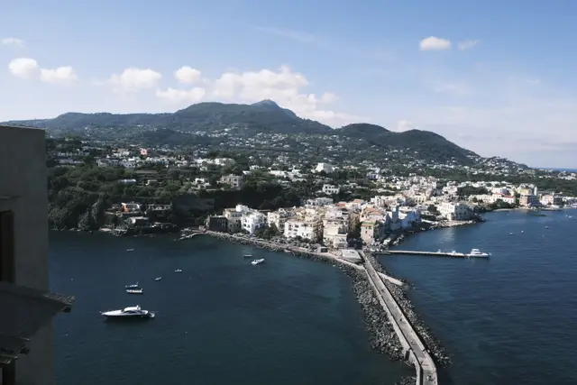 The causeway, Ischia Ponte and Monte Epomeo seen from the top of the Castello.