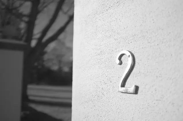 Black and white: a metal house number 2 on a white stucco wall, tree shadows to the left.