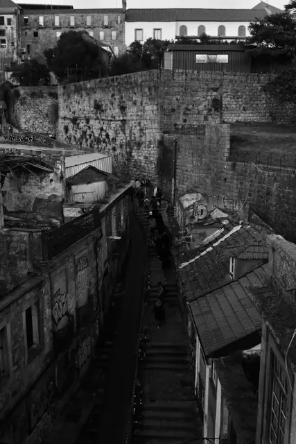 Black and white: a long stone stairway descending between old walls and rooftops.